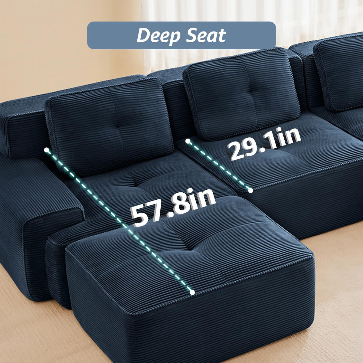 115" Modern Boneless Couches for Living Room, Corduroy Cloud Couch Sectional, Blue Modular Sectional Sofa, 3 Seater with 1 Ottoman, Sofas para Sala, L Shape Sofas & Couches (Blue, 3+1 Set)