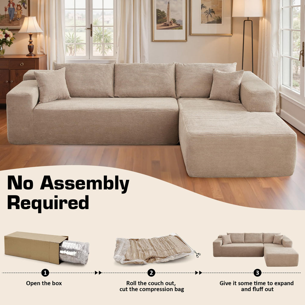 106" Cloud Sectional Couch with Chaise Lounge,L Shaped Modular Modern Sofa,Comfy Corduroy Fluffy Couches with Deep Seat,No Assembly Required Couch for Living Room(Right,Stripe Corduroy,Camel)