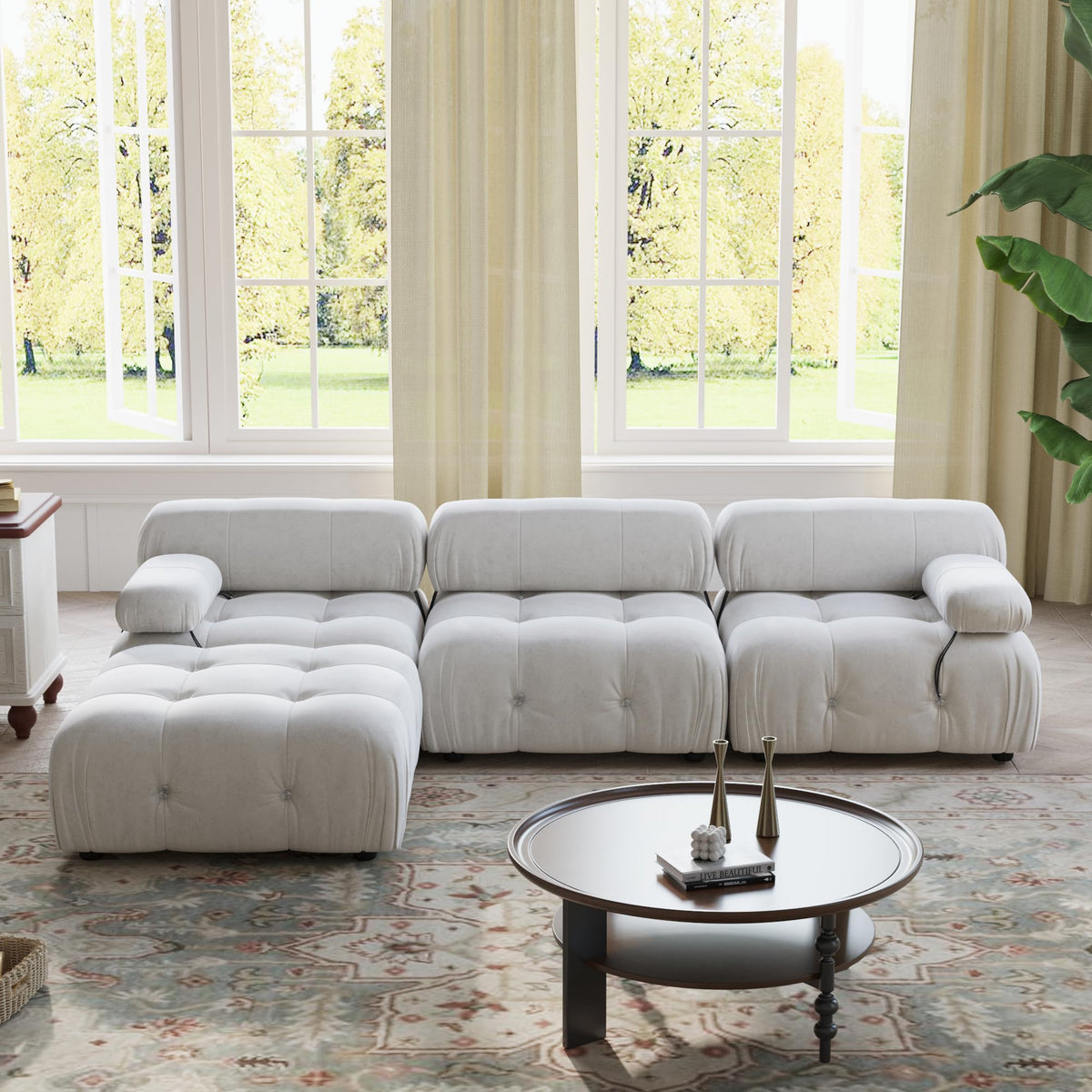 WJShome Modular Sectional Sofa with Ottoman, 103.95 inch Convertible Couch with Reversible Chaise, Velvet L Shaped Minimalist Couch for Living Room, Modern Large Free Combination Sofa, Beige