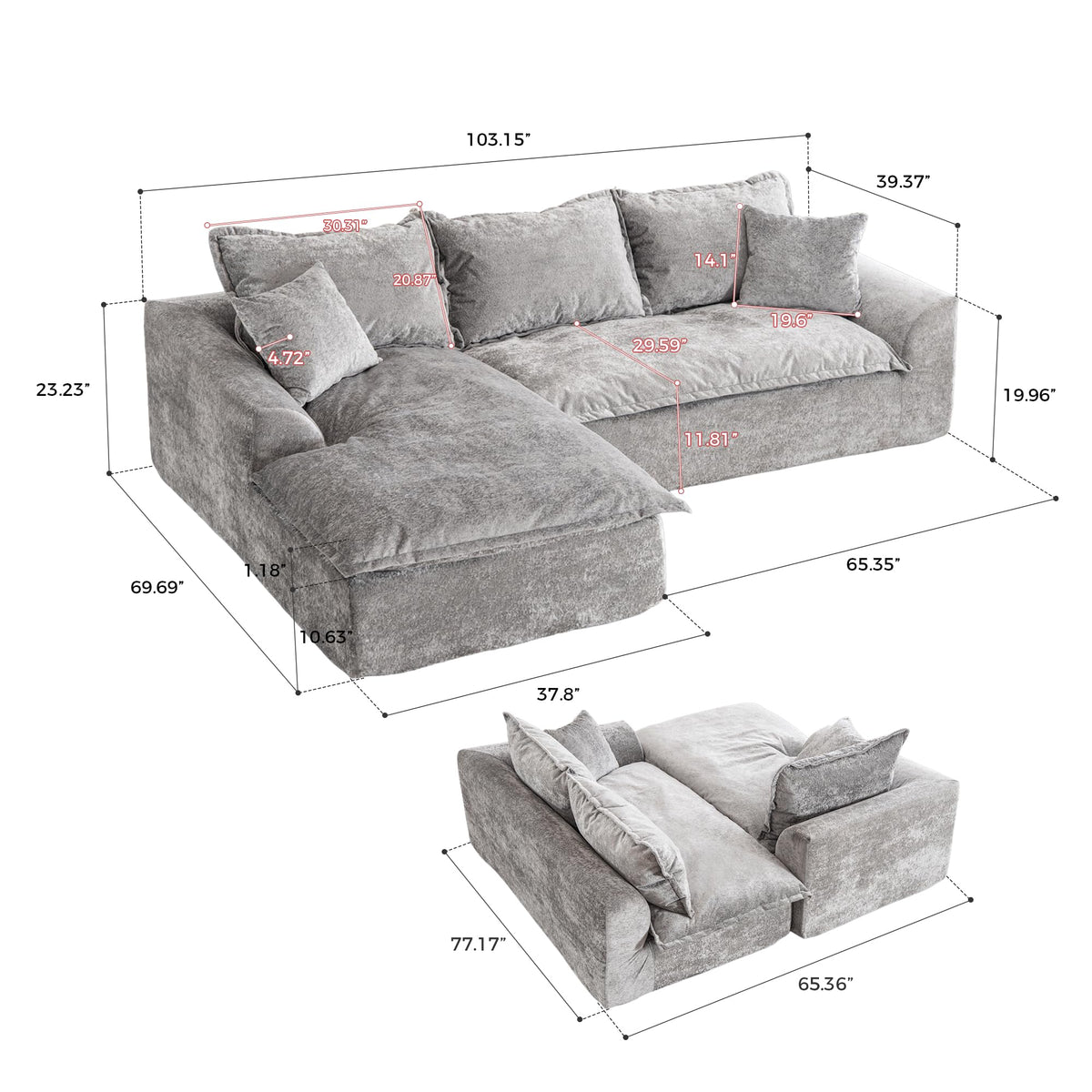 103" Cloud Sectional Couch with L Shape Chaise, Boneless Modular Large Segment Sofa for Living Room, No Assembly Required(Gray)