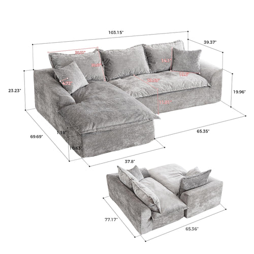 103" Cloud Sectional Couch with L Shape Chaise, Boneless Modular Large Segment Sofa for Living Room, No Assembly Required(Gray)