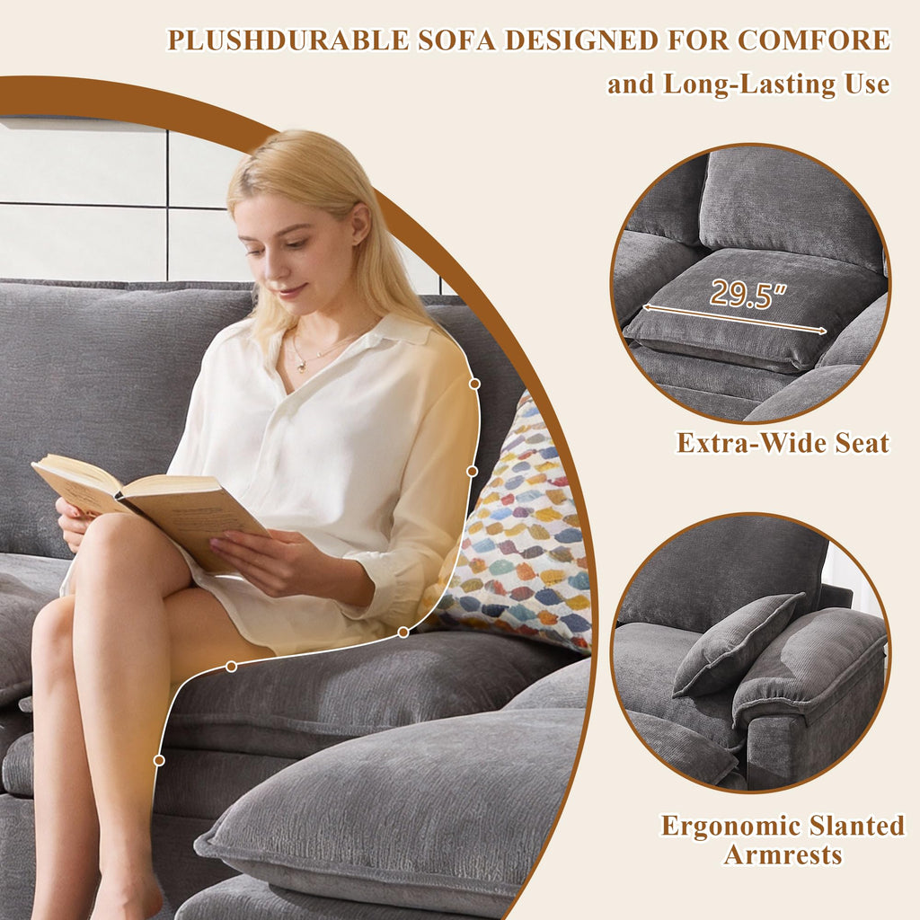 108" Modular Sectional Sofa with Storage Ottoman, Sectional Couches for Living Room, Chenille U Shaped Cloud Couch with Pillow, Deep Seater Sofa for Apartment (Light Gray, 4 Seater with 4 Ottoman)