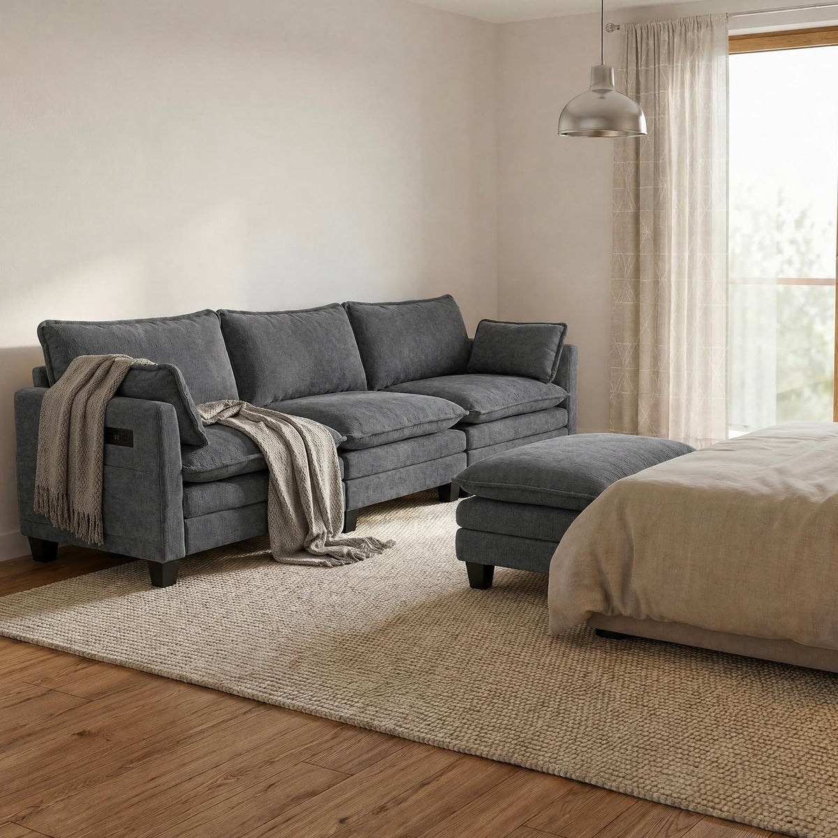 108" Modular Sectional Sofa Cloud Couch - U Shape Sofa with Charging Station Side Storage - Chenille Comfy Couches with Ottoman Movable for Living Room Bedroom Apartment Office, Dark Grey