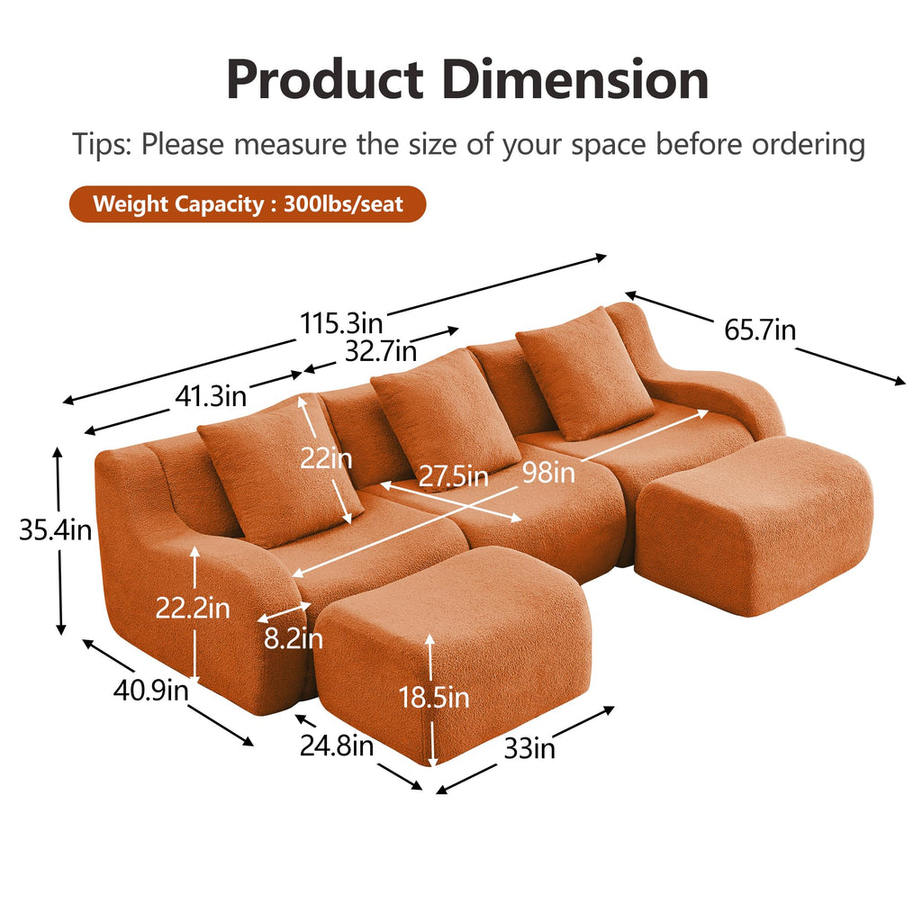 115.3" Modular Sectional Couches for Living Room, Teddy Deep Seat Sofa, 3 Seater Boneless Couch with 2 Ottoman,Orange