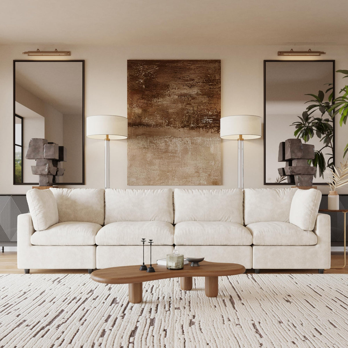 120" Cloud Couch Chenille Sectional Sofa for Livingroom Beige
