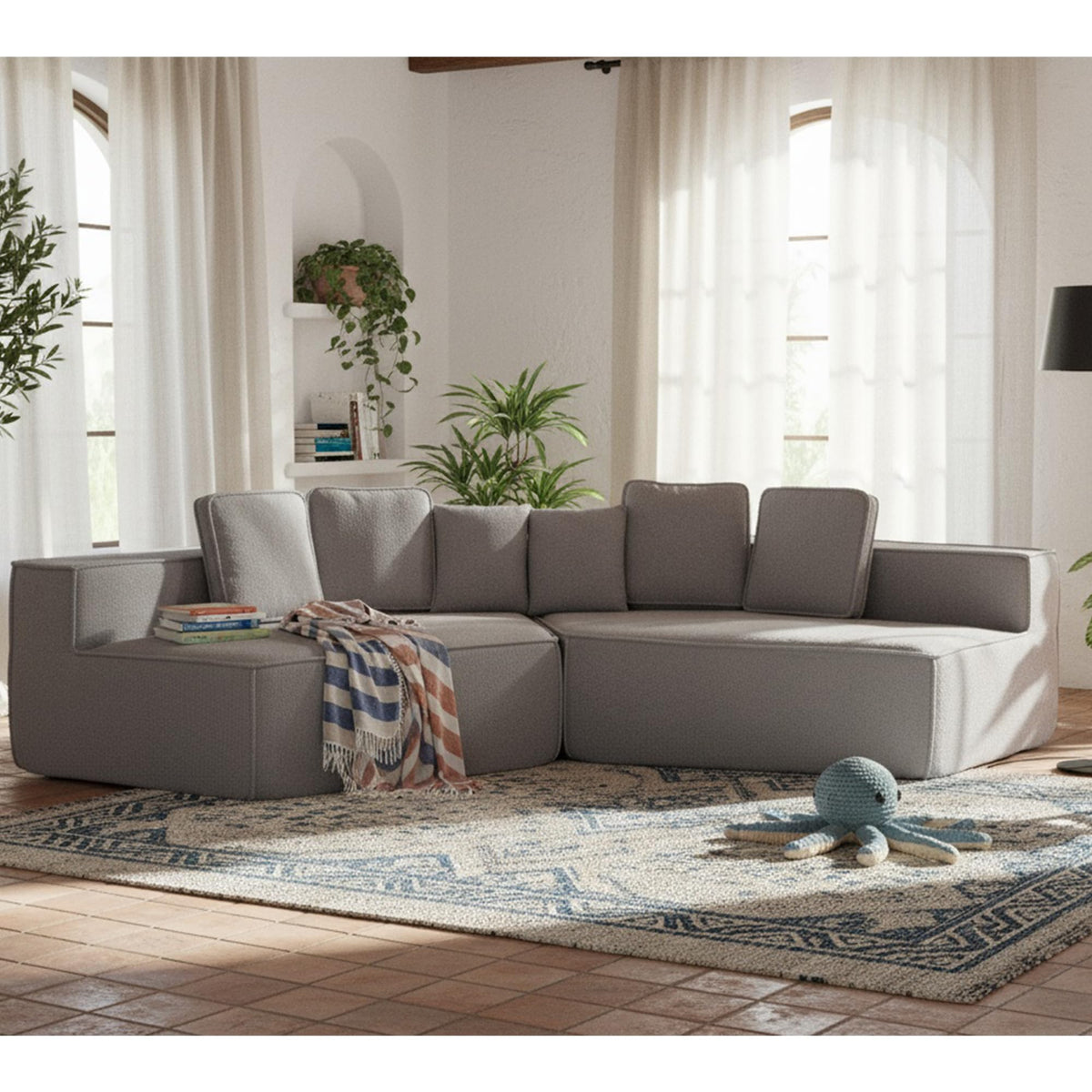 132" Oversized Fabric Modular Sectional Sofa, Full Foam Cushion with Ultra Soft Feel with six Cushions, High Density Support, Cozy Couch for Family 33017 2 Grey AS656