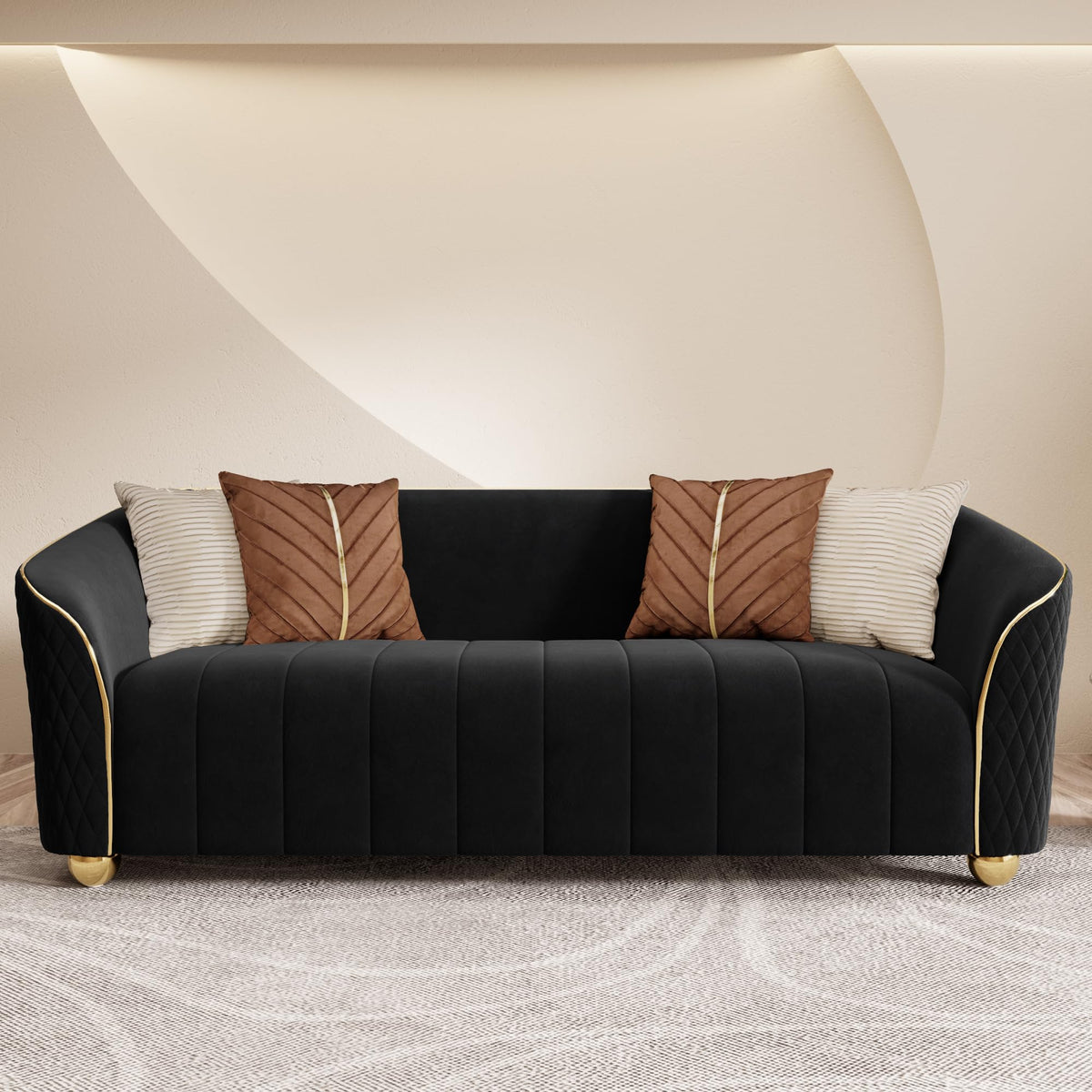 1-Piece Luxury Velvet Sofa Set for Living Room, Elegant Design Couch Set with Curved Armrests and Gold Edge Trim, Tufted Upholstered Couch with Gold Metal Legs (Green, 3 Seater)