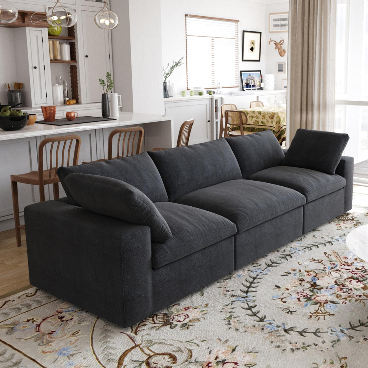 118" Modular Sectional Sofa, L Shaped Sectional Couch with Storage Ottoman, Deep Seat Linen Blend Sofa with Removable Covers for Living Room Apartment, Khaki