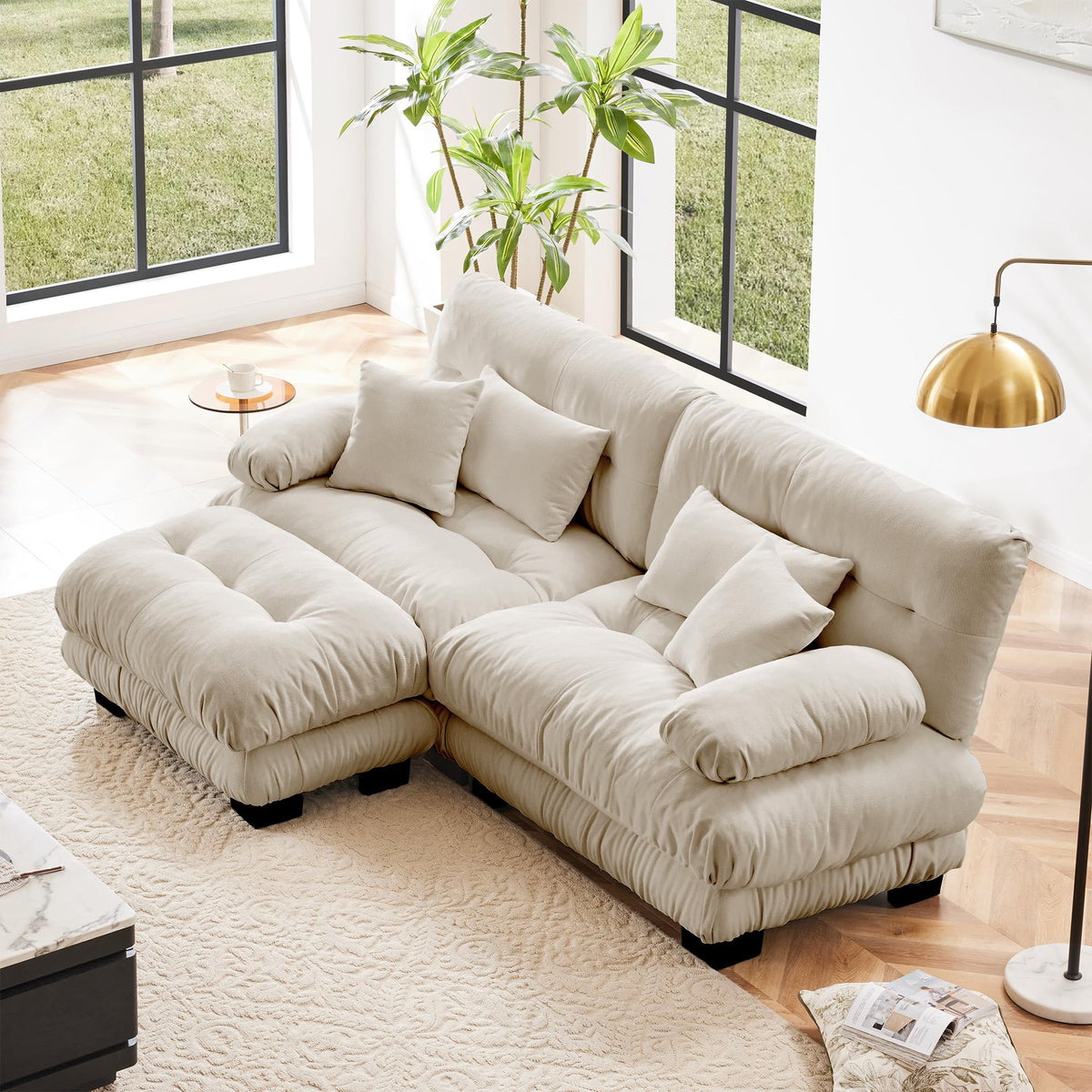 130" Modular Sectional Sofa,Velvet Upholstered Couches for Living Room,3 Seater Green Sofa Couch with Movable Ottoman,Big Comfy Loveseat Sofa with Deep Seats for Living Room,Apartment,Bedroom