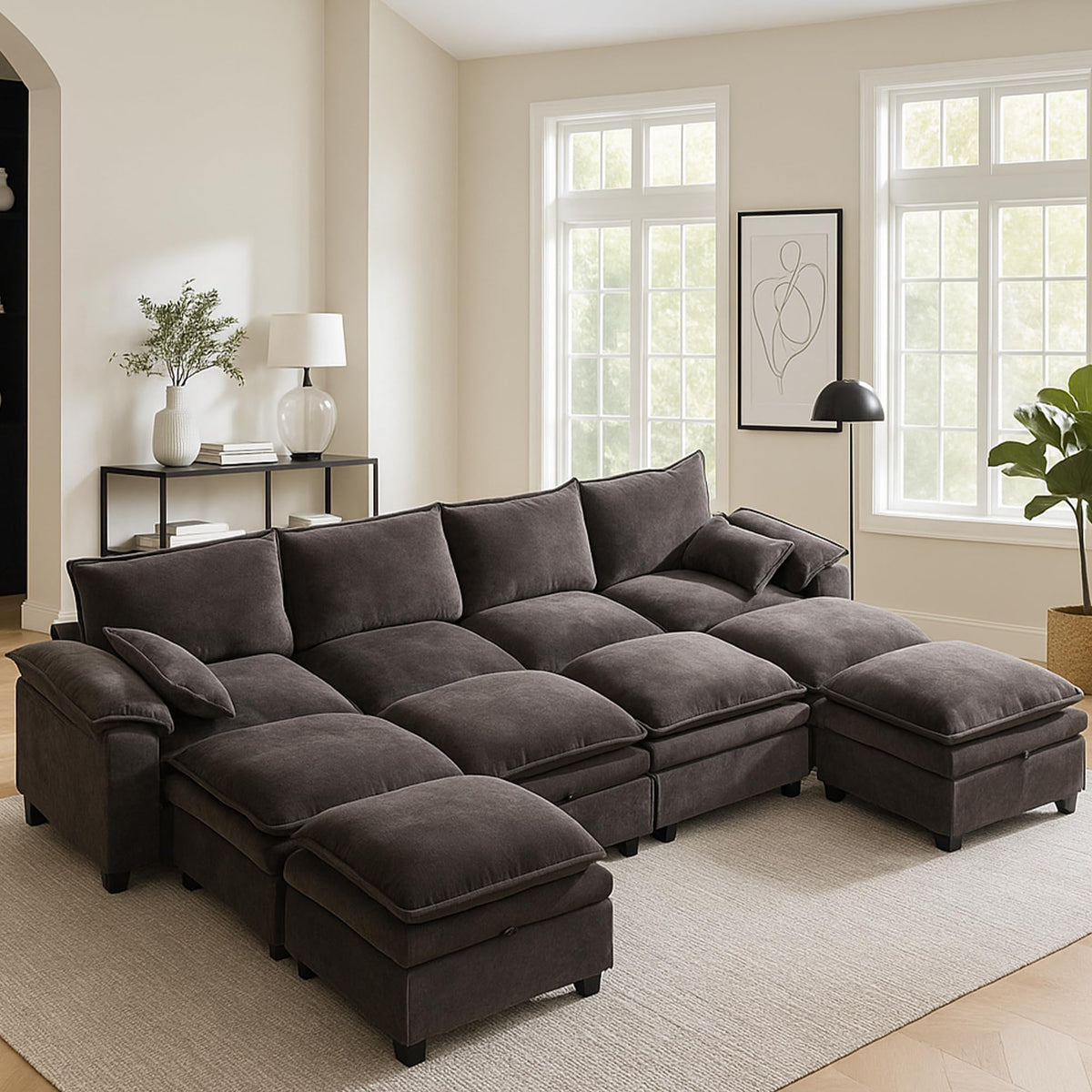 130" Modular Sectional Sofa with Storage, Premium Chenille Cloud Couch with Movable Ottomans, 1200lbs Heavy Duty Deep Seat Sectional, High-Density Foam