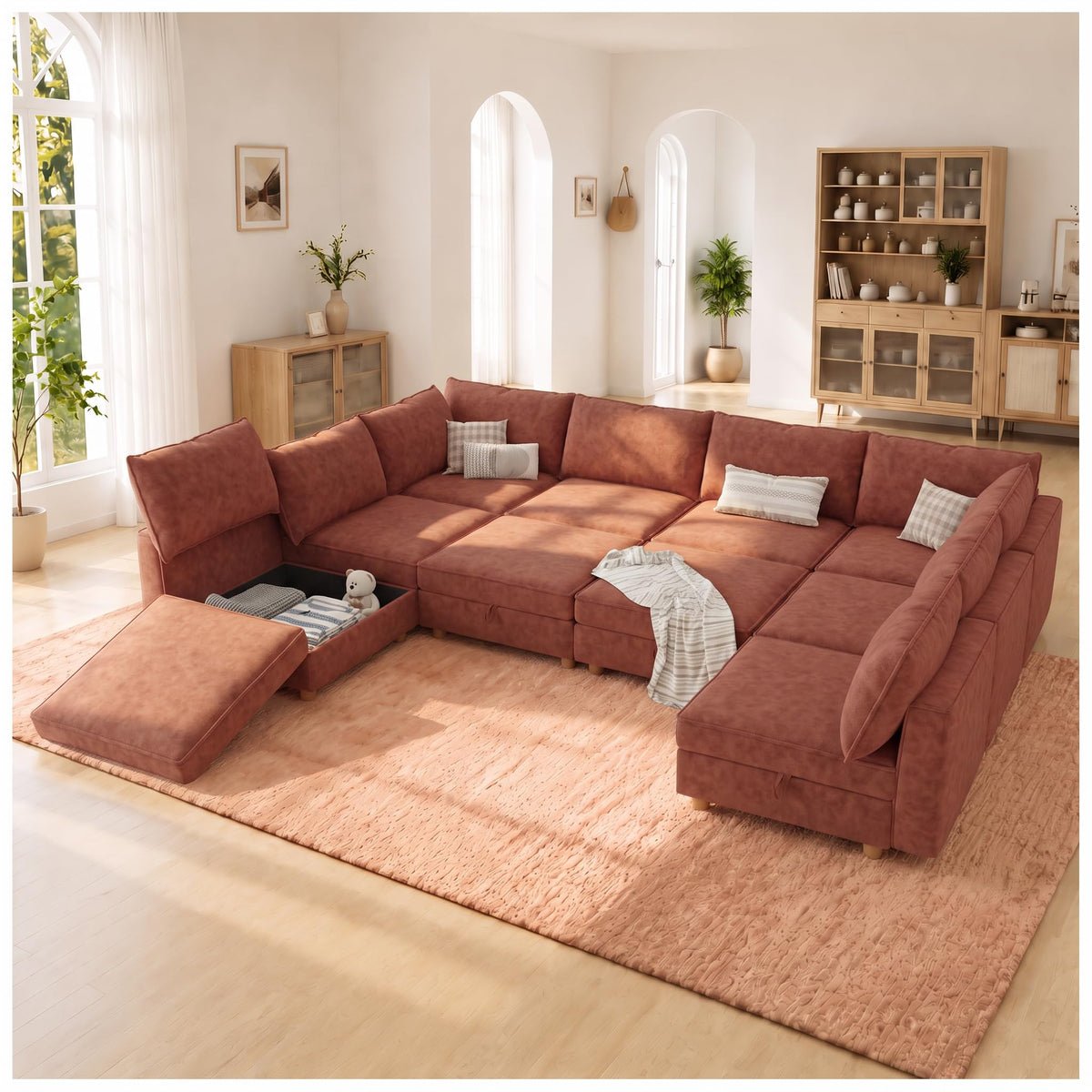 125" Chenille Modular Sectional Sofa Bed Hidden Storage, Convertible L U Shaped Sleeper Couch, 8 Seat Modern Modular Sectional Sofa with Removable Covers & Ottoman Chaise, for Living Room, Beige