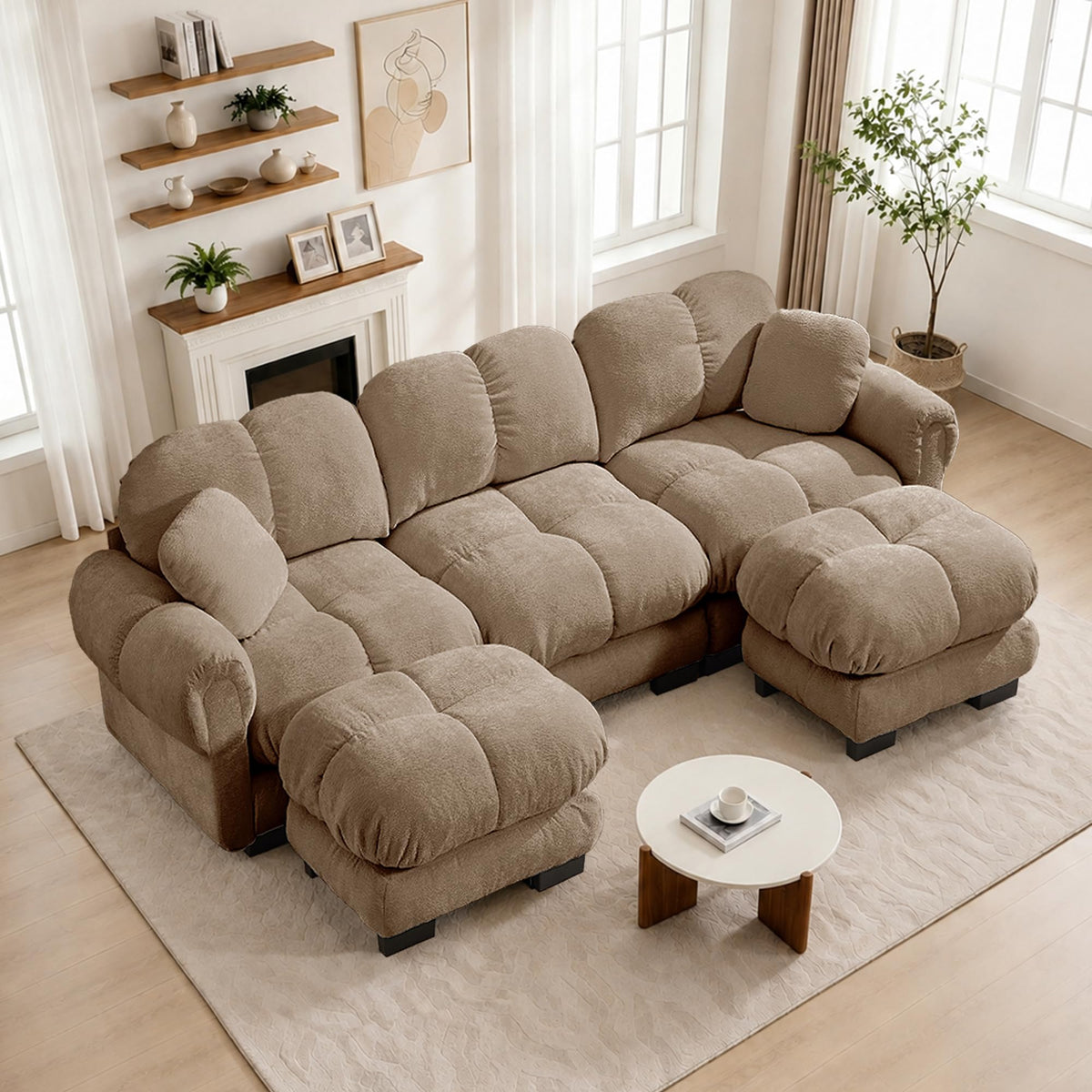 103.9" Modular Cloud Couch, Oversize U-Shaped Sectional Sofa with Ottoman, Deep Seat Chenille Couch, Anti-Slip Design, Modern 3-Seater Sofa for Living Room/Apartment/Bedroom, Brown