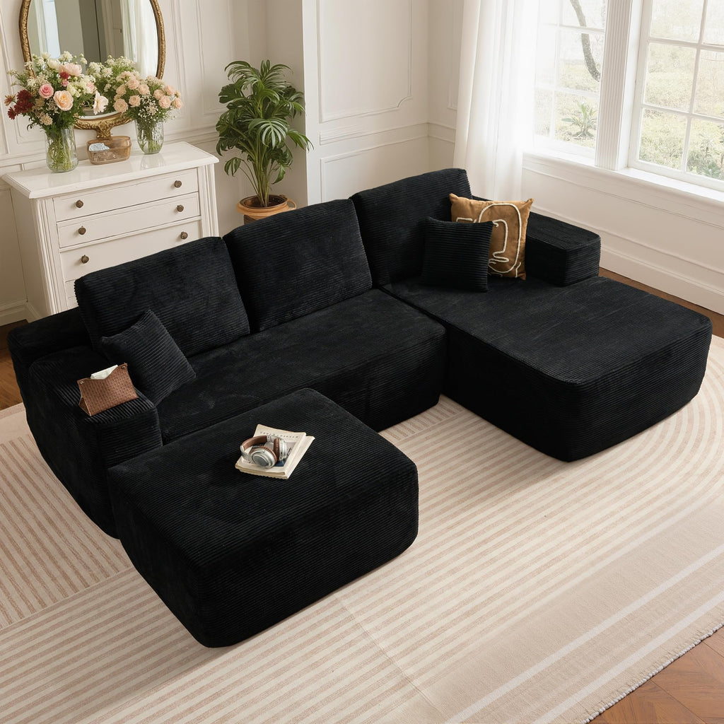 104" L-Shape Modular Sectional Sofa Couch,Comfy Upholstered Cloud Couch for Living Room,Modern Minimalist Couches,Deep Seat,No Assembly Required (Black,Plush Corduroy, Right Facing Chaise w/Ottoman)