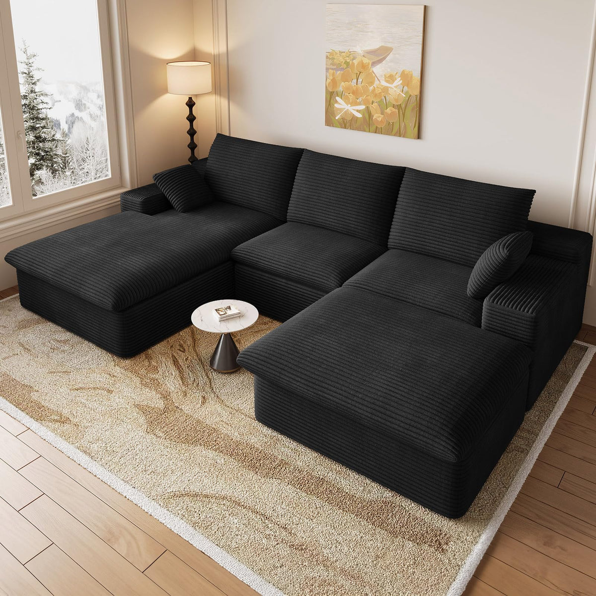 107" Cloud Couch Modular Sectional Couchs with Chaise Lounge, U-Shape Boneless Couches with Ottoman for Living Room, Corduroy Sofa with Deep Seat, No Assembly Required (Green, Left Facing Chaise)
