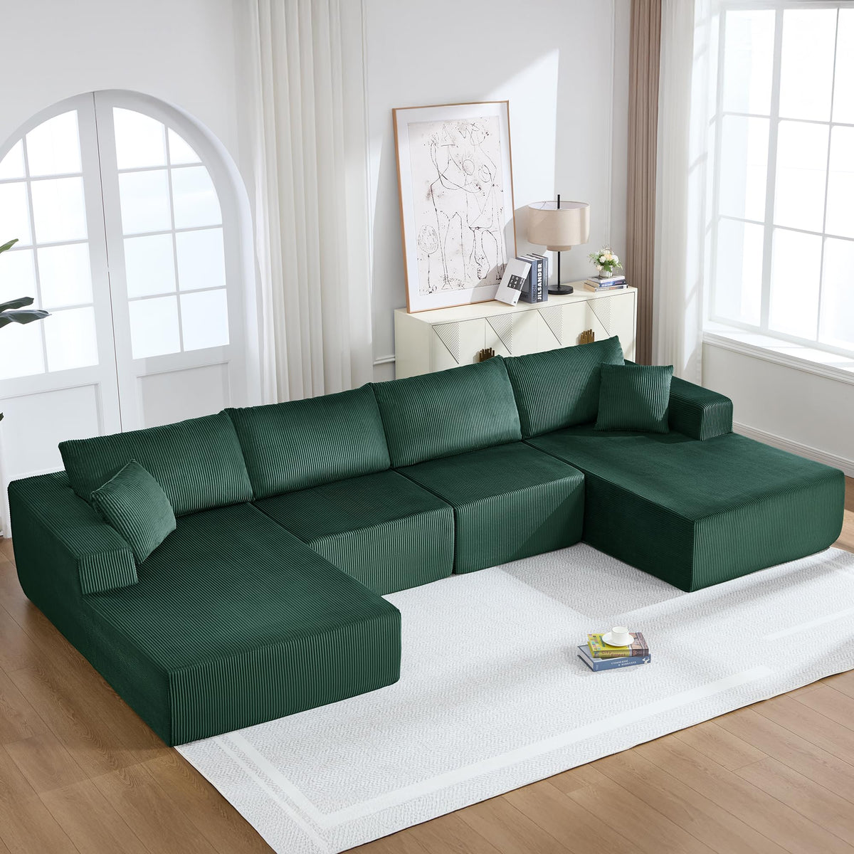 U-Shape Sectional Couch for Living Room,4 Seater Boneless Sofa Couch for Living Room Bedroom Apartments,146" Modular Sectional Corduroy Couch with Deep Seat,No Assembly Green