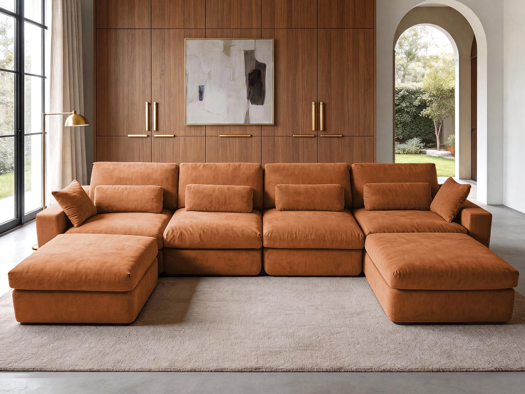 WEUP 160" Oversized Modular Sectional Sofa, Boneless Couch for Living Room, Modern Comfy U Shaped Cloud Couch Sectional with Movable Ottoman, Lumbar Pillows, 26.8" Extra Deep Seat, Terracotta Orange