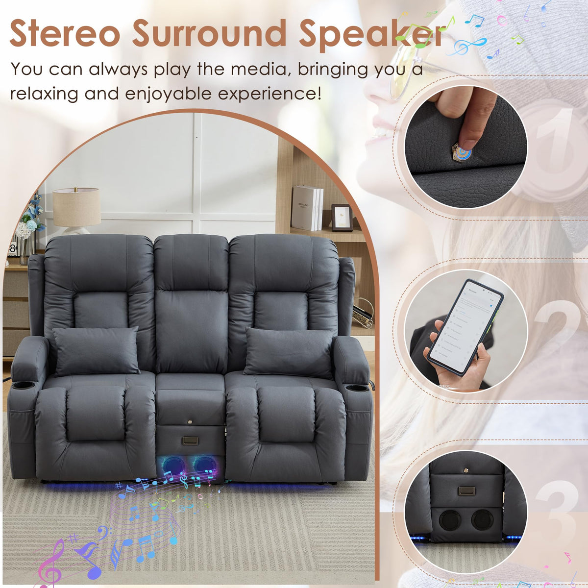 TUNYI Wall Hugger Loveseat Recliner Sofa with Console, Power Reclining Loveseat RV Couch with Massage & Heat/USB/Outlet/Storage/LED Light/Speaker (Blue, 2 Seat with Console)