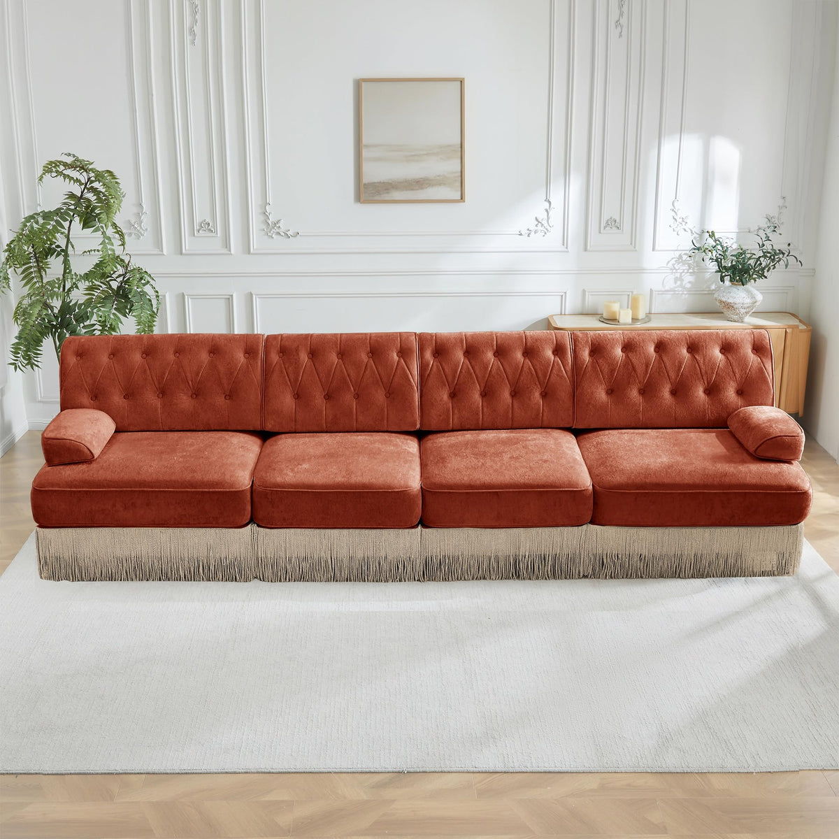 Velvet Modular Sectional Sofa, 135.6 Inch Chesterfield Style, Camel