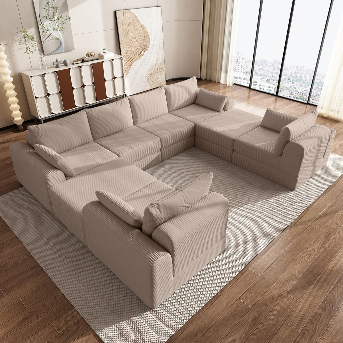 130 Inch Modular Cloud Sectional Sofa, 6 Seater Freely Combined Convertible Sofa with Ottoman, No Installation Compressed Floor Sofa, Soft Memory Foam Cushion for Living Room Apartment, Black
