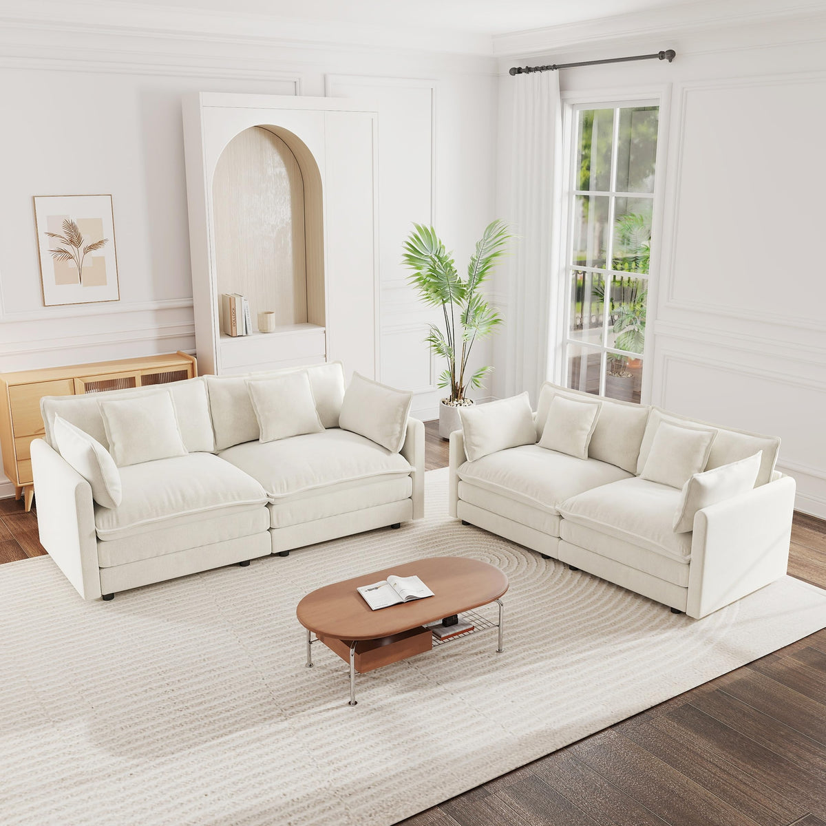 White Modular Sectional Sofa 3-Piece Set, Modern Deep Seat Chenille Couch, Loveseat, Single Sofa, Oversized Modular Couch for Living Room