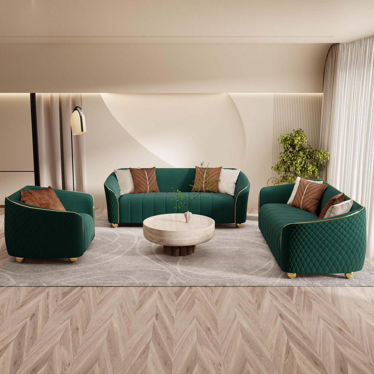 1-Piece Luxury Velvet Sofa Set for Living Room, Elegant Design Couch Set with Curved Armrests and Gold Edge Trim, Tufted Upholstered Couch with Gold Metal Legs (Green, 3 Seater)