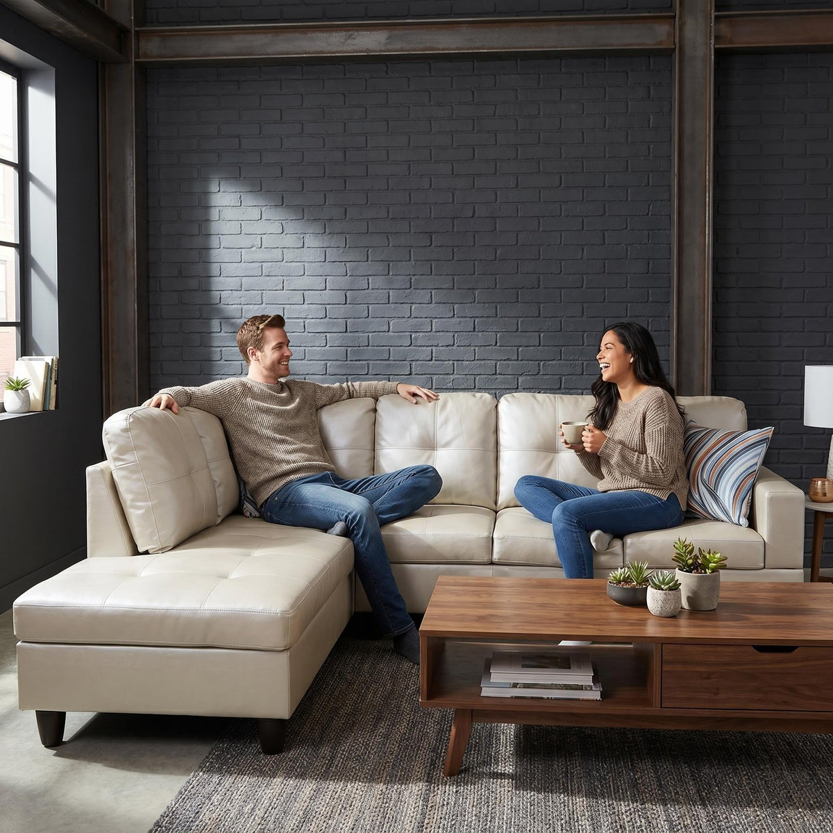 103.5" Sectional Couch with Movable Ottoman, L Shaped 4 Seater PU Faux Leather Sofa w/Chaise Lounge, Comfy Modern Modular Couch for Living Room, Apartment, White Stripes, Right, 3PCS