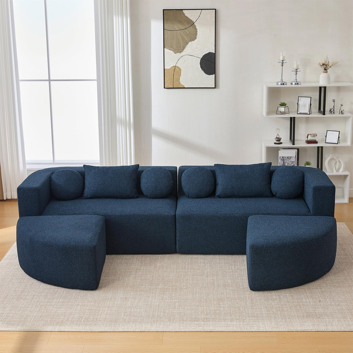 114.9" Modular Sectional Sofa with 4 Round Throw Pillows and 2 Bolster-Style Cushions Free-Combined Curved Design Boneless Bed Couch with Deep Seating for Living Room, Black