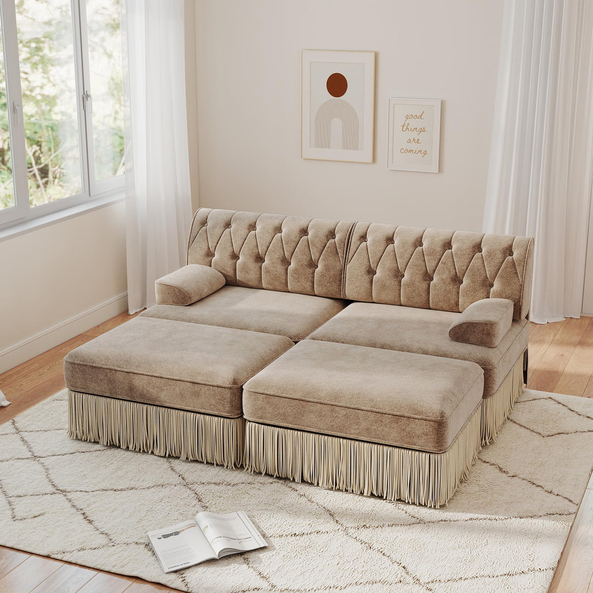 Unique Chesterfield Style Modular Sectional Sofa, 135.6” L-shaped Boneless Sofa with Velvet Fabric, Floor-grazing Tassel Fringe Skirt and Button Tufted Design for Living Room, Easy to Assemble, Beige