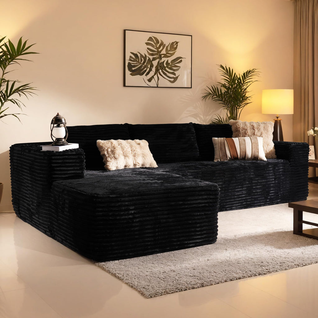 106" Cloud Sectional Couch with L-Shape Chaise & Ottoman, No Assembly Modular Sofa, Deep Seat Plush Corduroy Boneless Couched for Living Room (Black Plush Corduroy, L Shape with Ottoman-Left Facing)