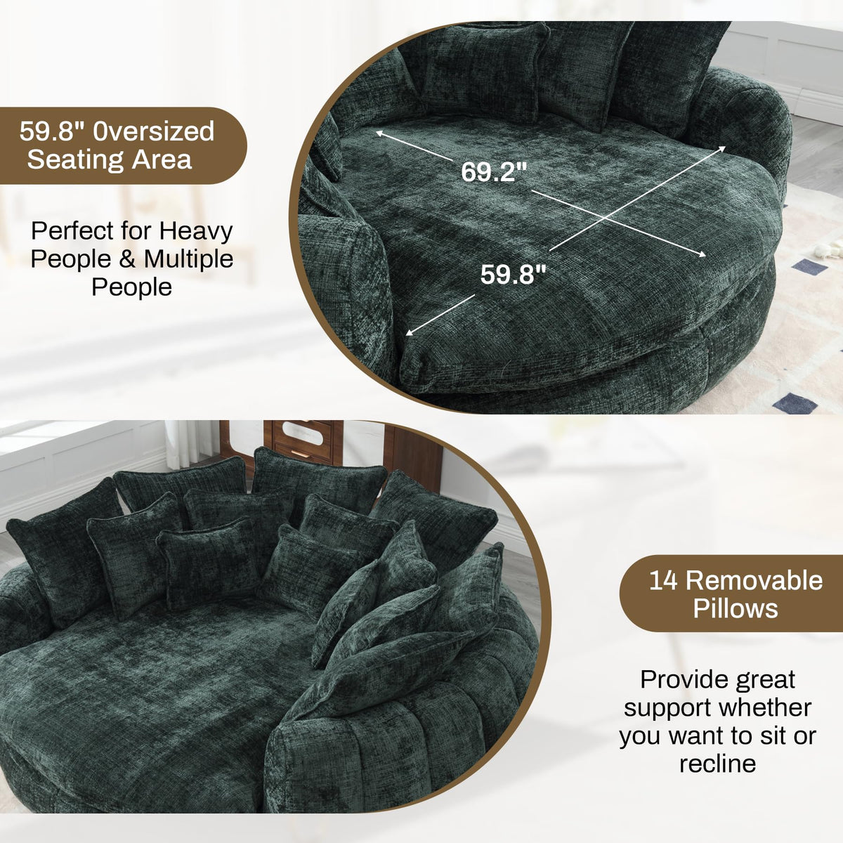 Wrofly 81.1" W Oversized Round Chaise Lounge, Fluffy Lazy Bean Bag Sofa with 14 Pillows, Comfy Chenille Upholstered Barrel Sleeper Bed, Modern Deep Seat Cloud Couch for Living Room, Emerald