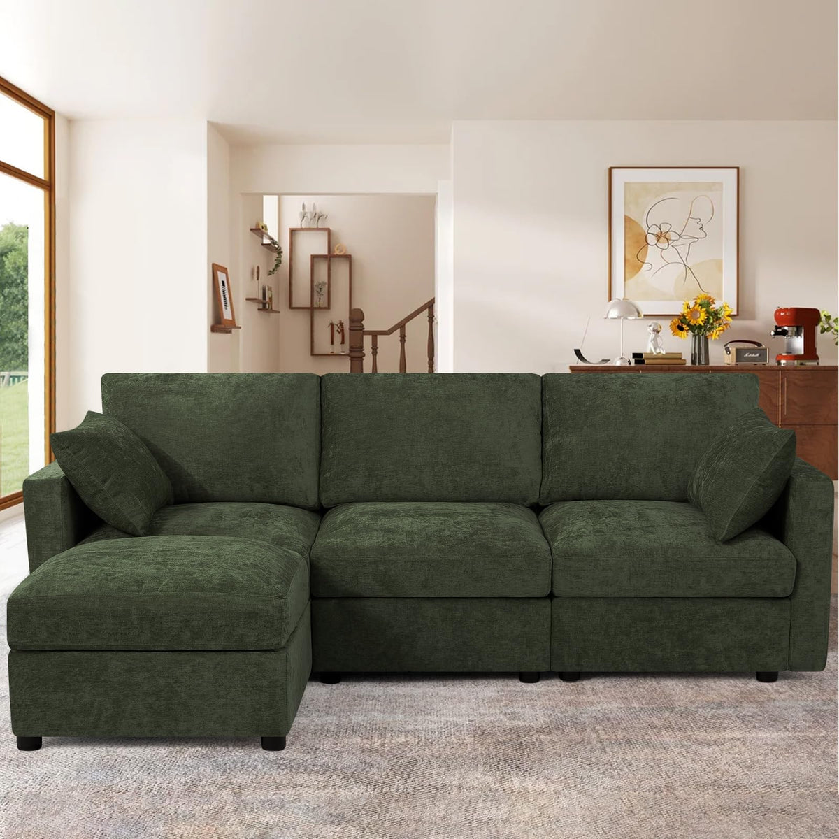 110" Chenille 4 Seats Couch with 2 Ottomans, Black