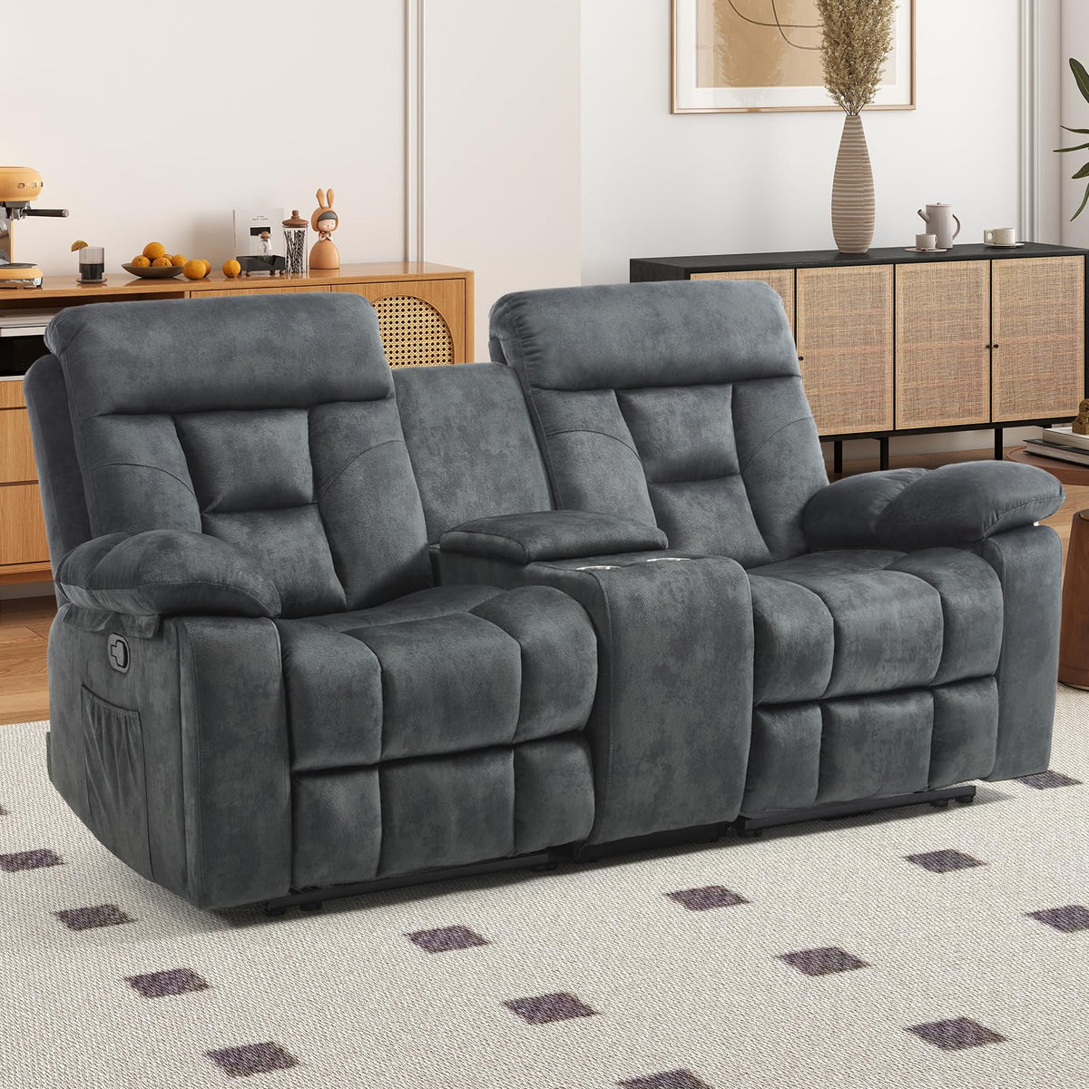 EBELLO 2 Piece Reclining Living Room Set, Soft Fabric Recliner Sofa Furniture Set, Included Power Lift Recliner Chair with Massage and Heat and 3 Seat Sofa, Dark Greenish-Grey