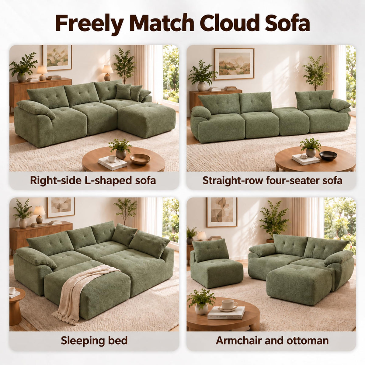 115" Boneless Modular Sectional Couch with Ottoman for Living Room