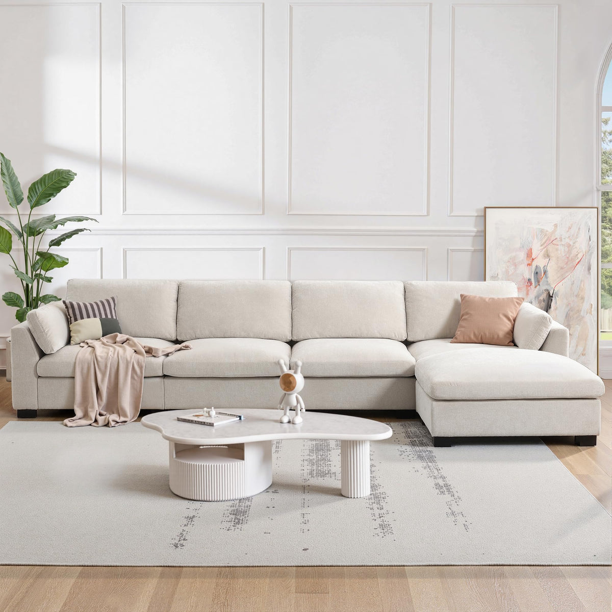 130" Modular Sectional Sofa, Oversized L-Shape Couch, Modern Comfy Chenille Sofa with Folding Table and Dual-Port Charging, Side Storage Pockets, 5 Seat Convertible Couches for Living Room (Charcoal)