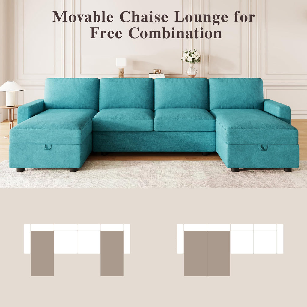 103.9" Sectional Sofa Convertible Sectional Sofa U Shaped Sofa with Two Storage Chaise Lounges and Four USB Ports for Living Room, Teal