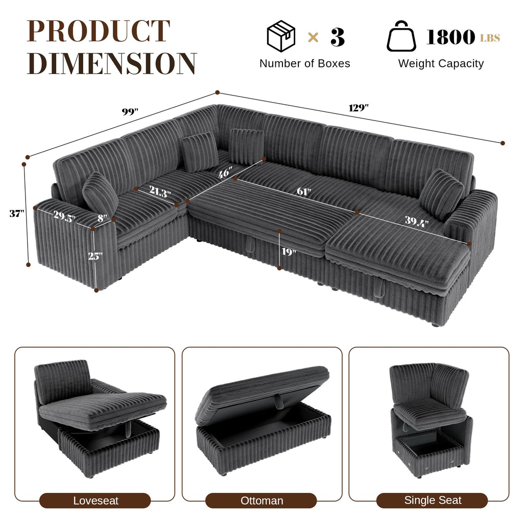 130" Sectional Couches for Living Room,Sectional Couch with Storage,Black
