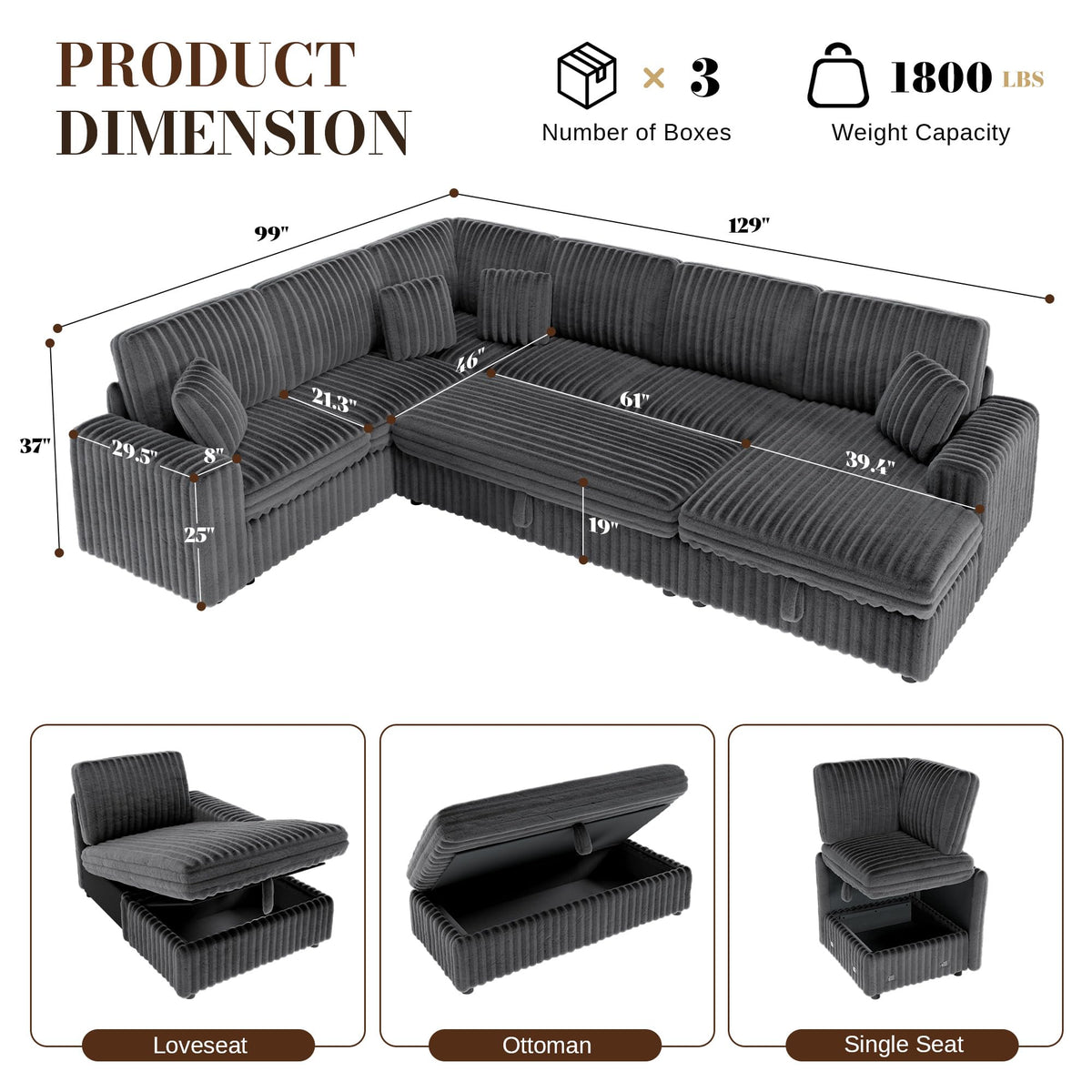 130" Sectional Couches for Living Room,Sectional Couch with Storage,Black