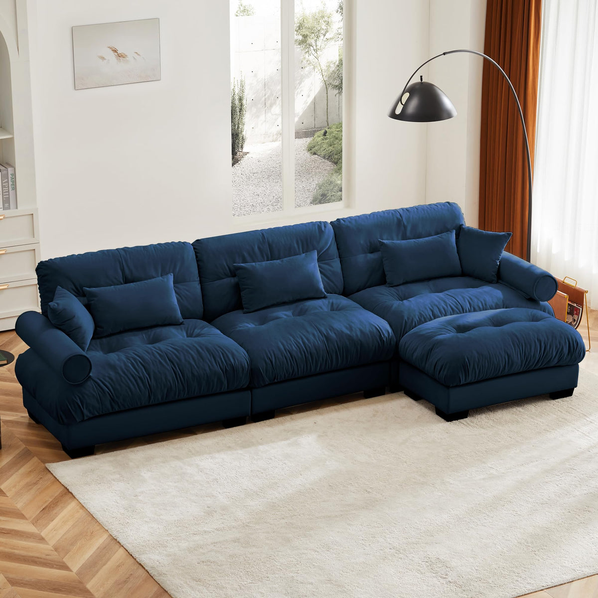 130" Modular Sectional Sofa,Velvet Upholstered Couches for Living Room,3 Seater Green Sofa Couch with Movable Ottoman,Big Comfy Loveseat Sofa with Deep Seats for Living Room,Apartment,Bedroom