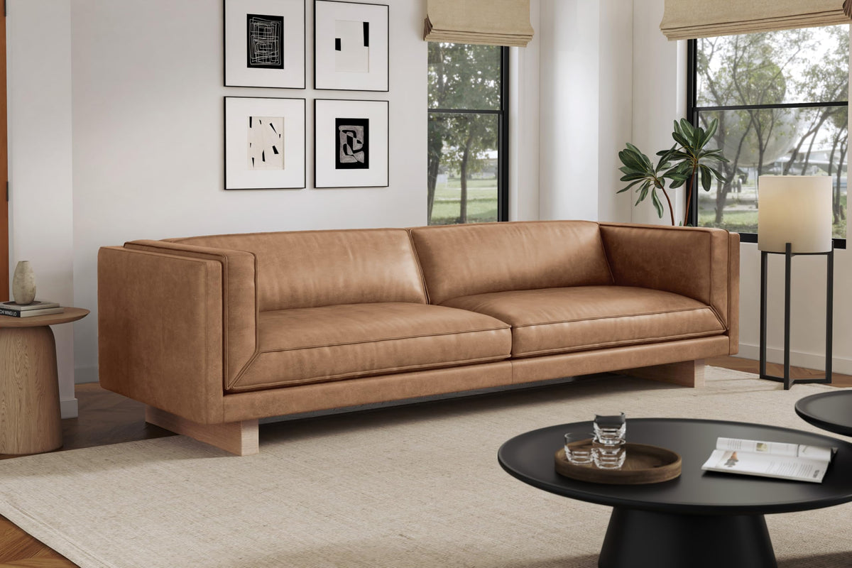 Valencia Alaina 110" Leather Wide Seat Sofa, Italian Nappa Top Grain Leather Couch, Scratch-Resistant for Living Room or Office (Brown)