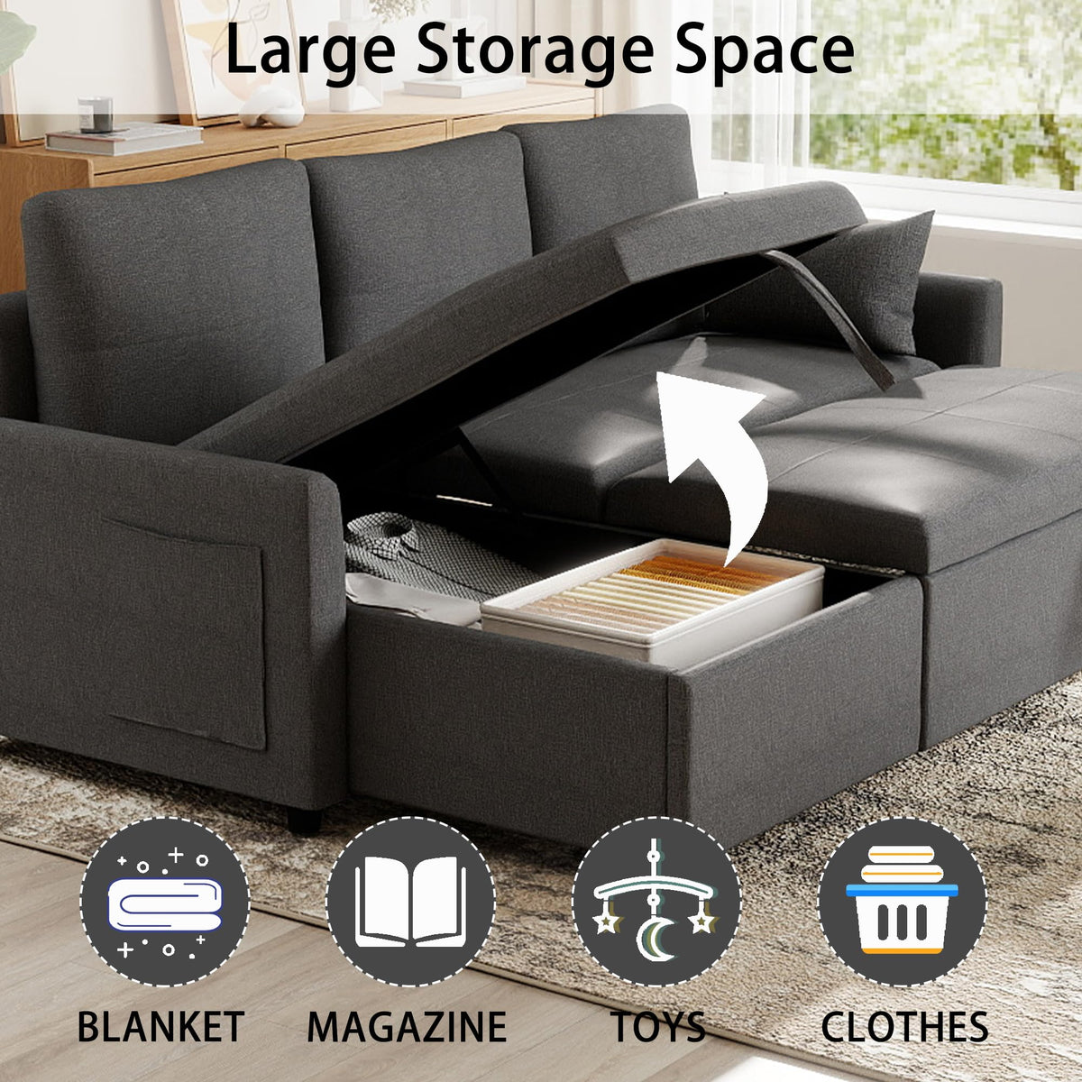 U Shaped Sleeper Sofa Bed: 106" Grey Sofas Sleeper Couch