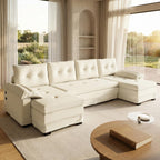 110" Oversize U-Shaped Chenille 4-Seater Sofa with Pull Out Bed, 2 in 1 Convertible Sleeper Couch with Removable Armrests & USB Ports, Sectional Modular with Chaise Lounge for Living Room (White)