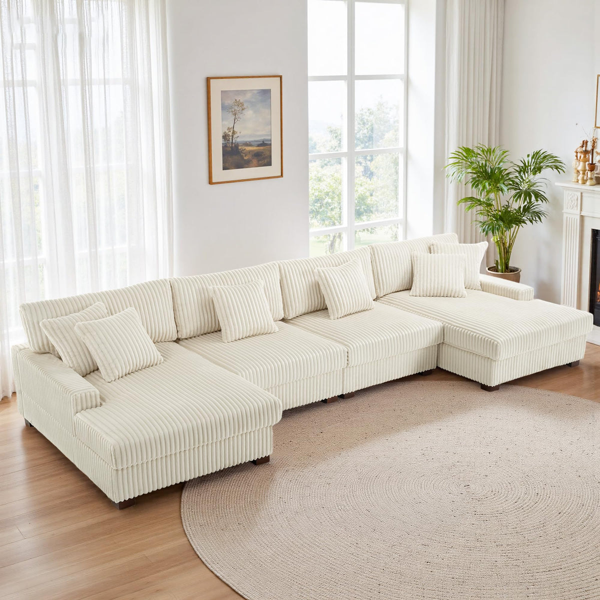 118.3" L-Shaped Modular Sectional Sofa with Chaise, Comfy Corduroy Fluffy Couch with Deep Seat, Flexible Module Combination for Living Room, Cotton Flannel Light Brown