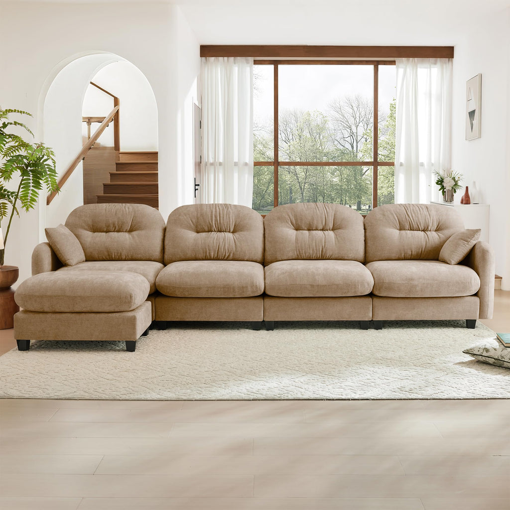 107" Modular Sectional Sofa, Comfy U Shaped Cloud Couch with Ottoman, Chenille Sofa Sleeper Deep Seat Sofas with Throw Pillows for Apartment-Camel