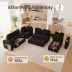 100" Modular Sectional Sleeper Sofa with Pull Out Bed, 7 Seat Corduroy U Shaped Couch with Storage Chaise|Reclining Backrest|Side Table|USB Port, Cloud Sectional Couches for Living Room, Black
