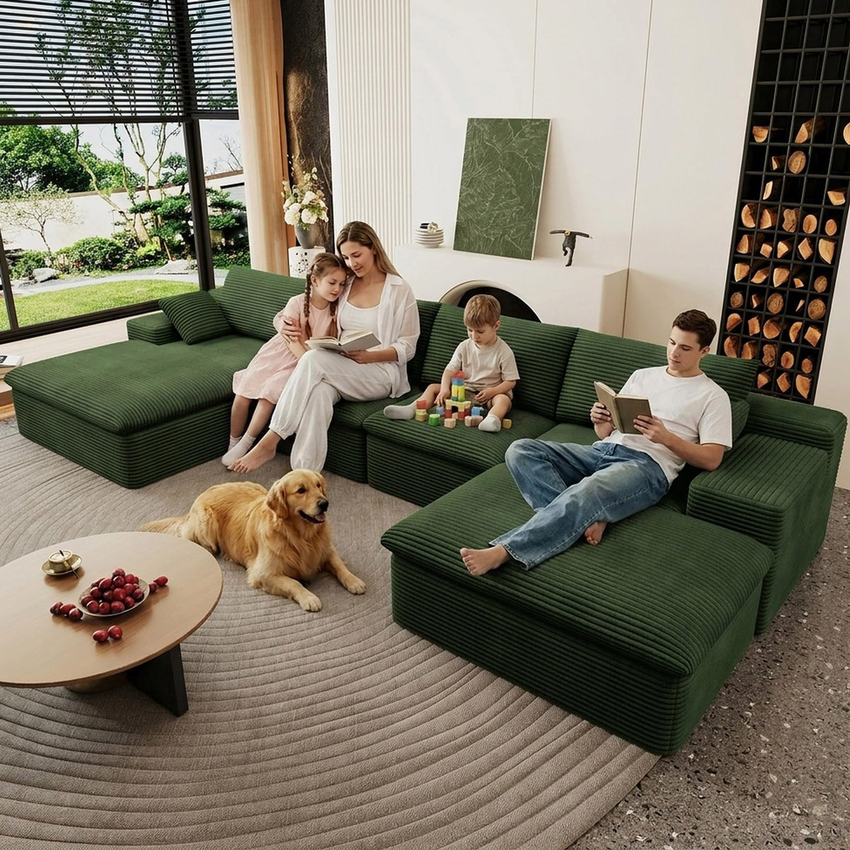 107" Cloud Couch Modular Sectional Couchs with Chaise Lounge, U-Shape Boneless Couches with Ottoman for Living Room, Corduroy Sofa with Deep Seat, No Assembly Required (Green, Left Facing Chaise)