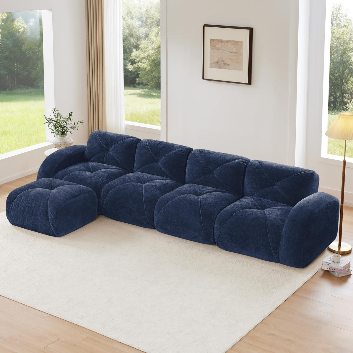 U-Shaped Boneless Sofa, Tufted 32d High Density Sponge Bottom, Anti-Slip Design, No Assembly Required, Free Combination, Movable Ottomans for Living Rooms, Home Theater, Blue