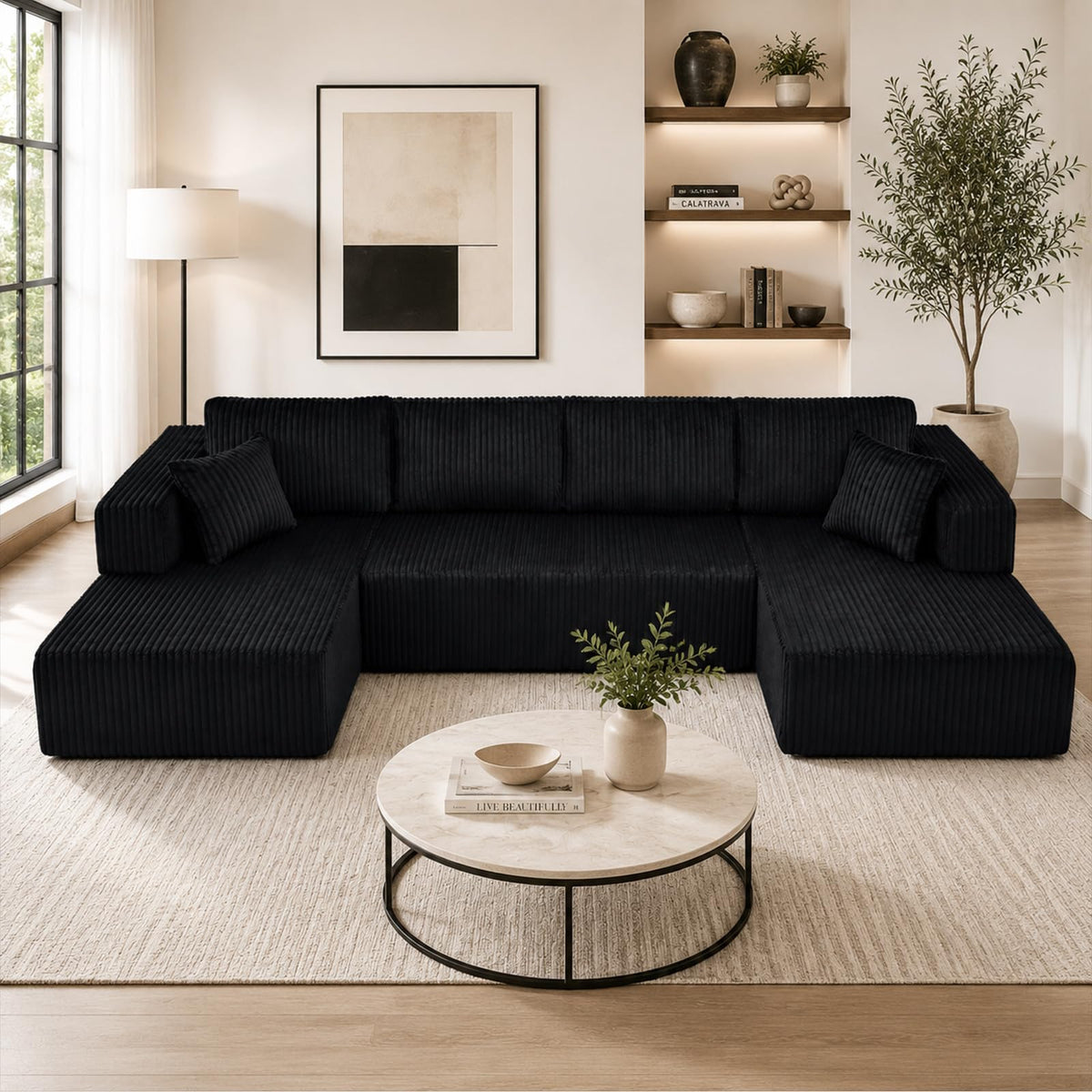 THSUPER Beige 134'' Oversized U Shaped Sectional Boneless Couches