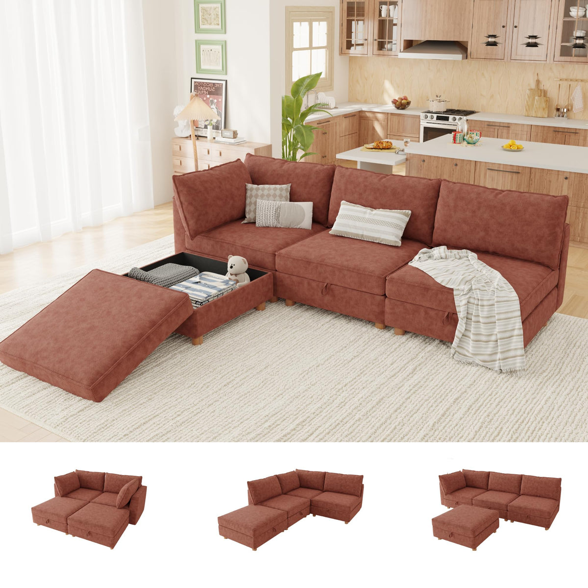 127'' Modular Sectional Sofa,FSC Certified 6 Seater Sectional Sofa,Chenille Couch with Removable Washable Covers,Modern Couch with Ottoman,U Shaped Couch with Storage,Beige Couches for Living Room