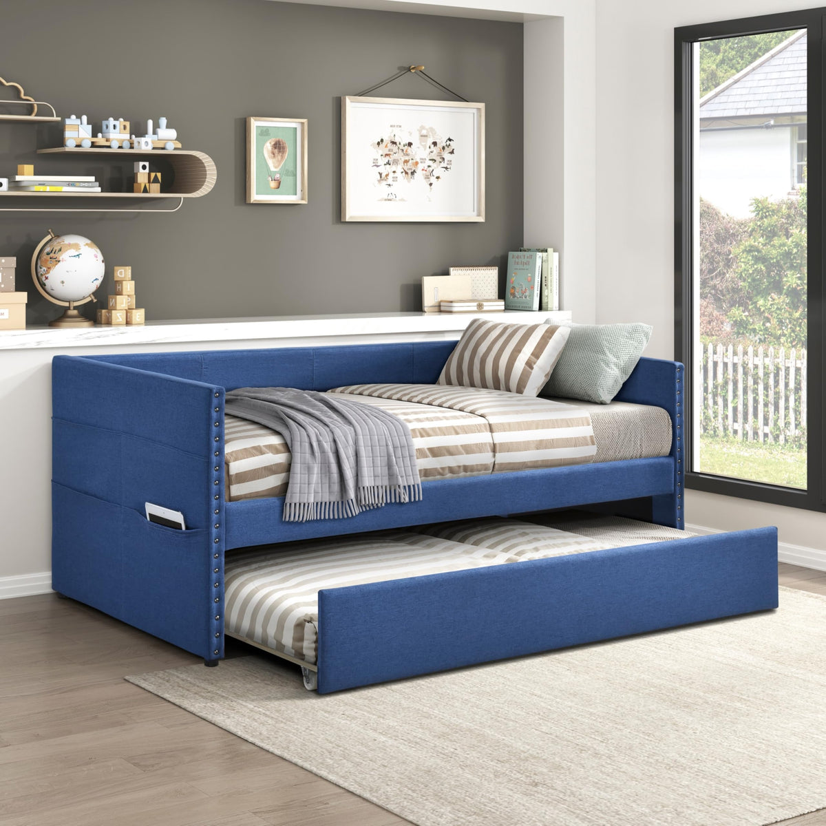 Versatile Daybed with Pull-Out Trundle, Textured Fabric Upholstery