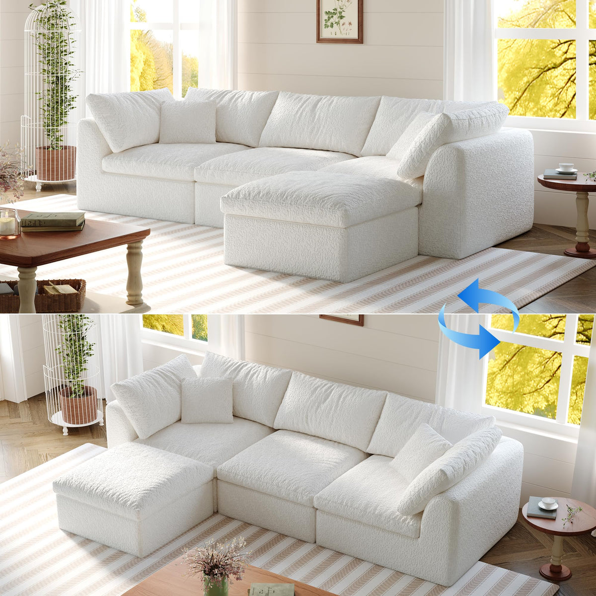 108" Modular Sectional Sofa with Movable Ottoman, No Assembly Required Boneless Cloud Couch, Deep Seat L Shaped Sectional Couches for Living Room, Bedroom and Apartment, White
